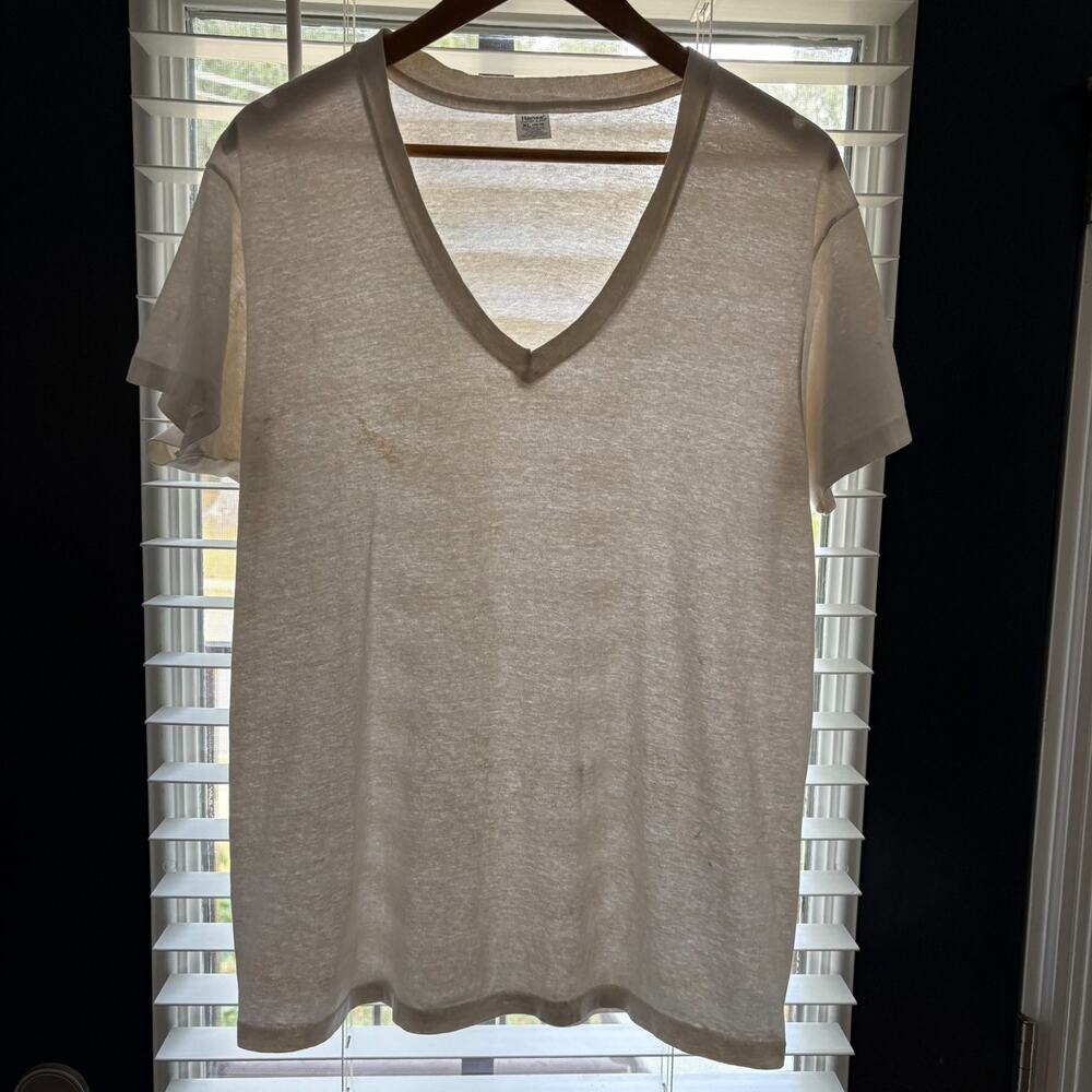 Vintage 1980s Paper Thin V-Neck T-Shirt Men's Size M White Blank AMAZING WORN